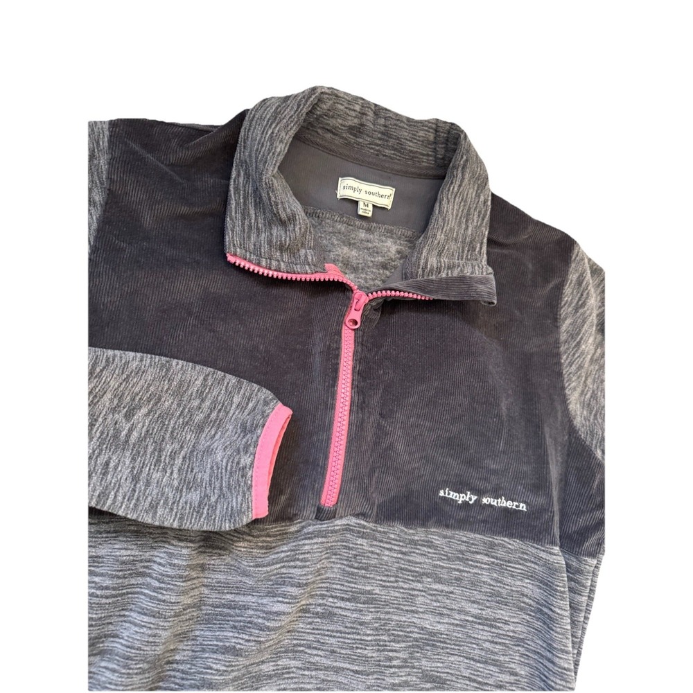Simply Southern Simply Cordy Corduroy Fleece Jacket Sz Medium 1/4 Zip Gray/Pink
